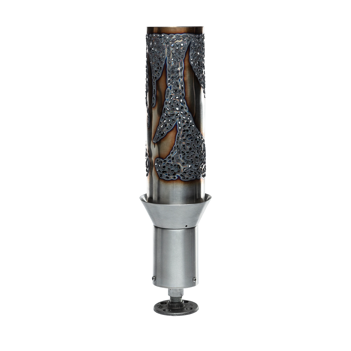 Bird of Paradise Tiki Torch with sculpted tropical cutwork and gas flame, shown in full view