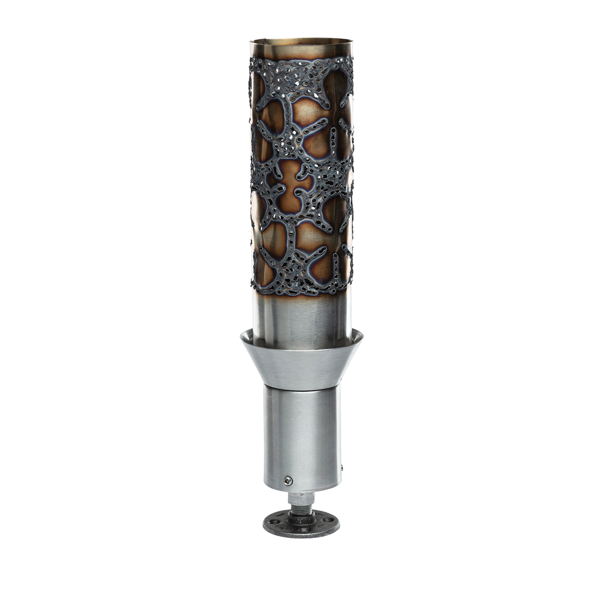 Fire by Design Plumeria Tiki gas torch with plumeria blossom floral cutwork design glowing from within
