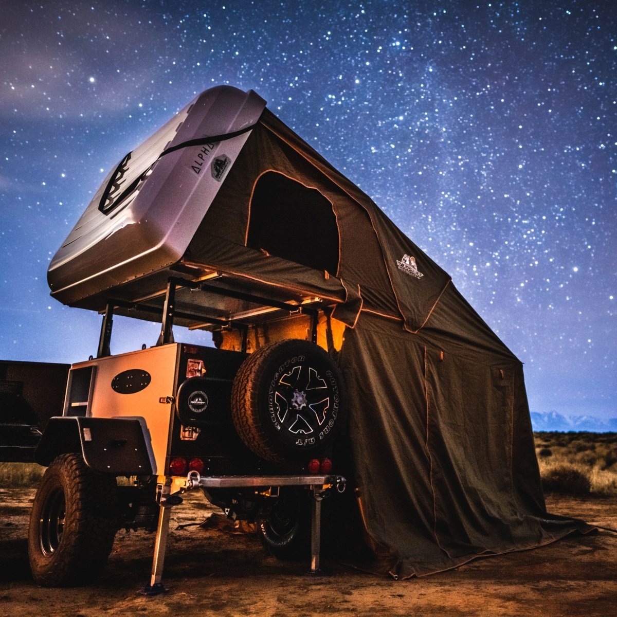 Tuff Stuff Alpha Stealth Annex Room 98x87 Inches Olive - full view attached to rooftop tent