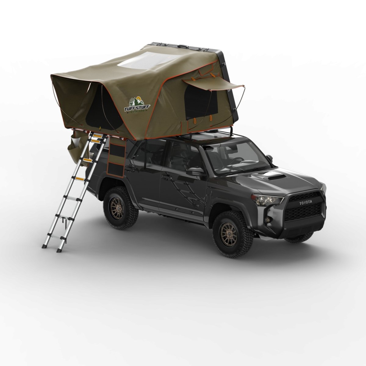 Tuff Stuff Alpha black hardshell rooftop tent exterior angle view
