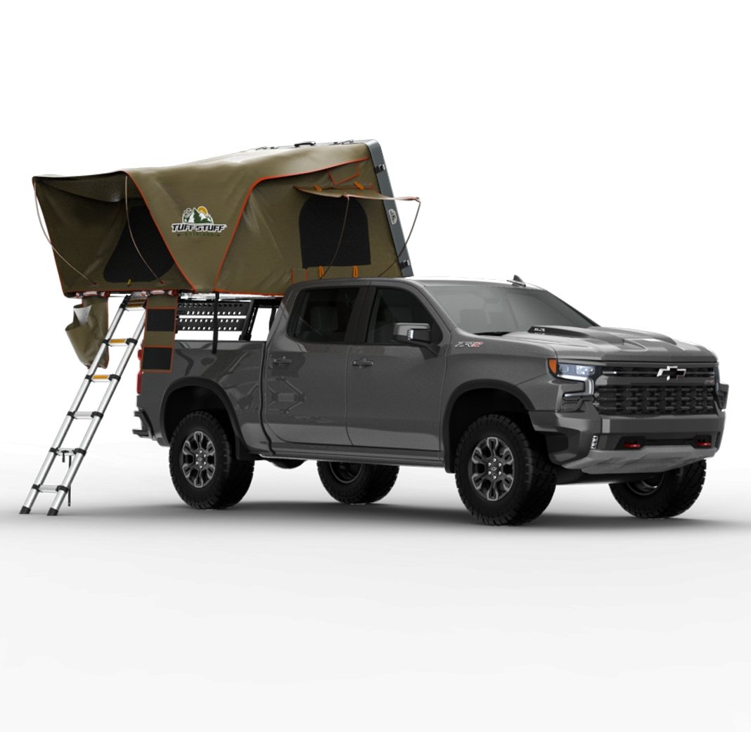 Tuff Stuff Alpha gray hardshell rooftop tent fully open with telescoping ladder extended