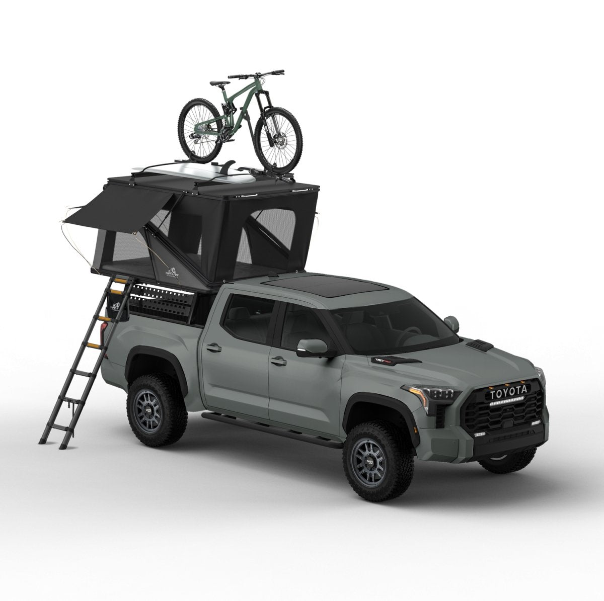 Tuff Stuff Alpine 61 rooftop tent open in wedge mode showing interior and ladder