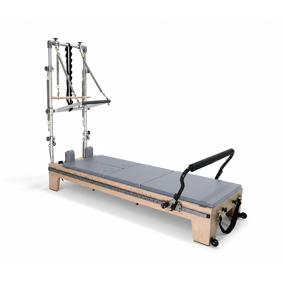 Elina Pilates Twin Reformer with Tower - full view, grey upholstery