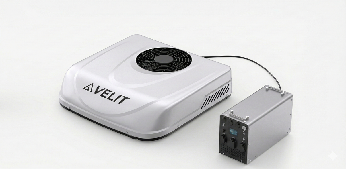 VELIT 2000R Rooftop Air Conditioner with Comvolt 6000 Pro Portable Power Station bundle hero shot