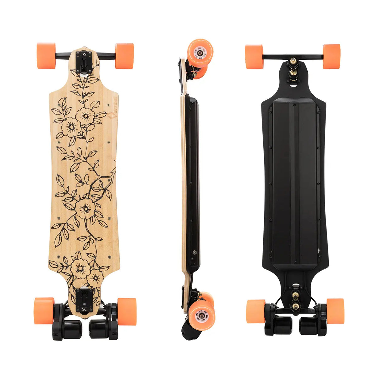 Verreal RS long range electric skateboard with 90mm PU wheels - top view showing full deck and battery enclosure