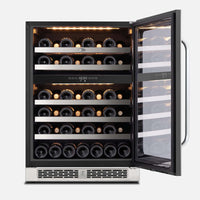 Whynter BSR-046DW wine fridge interior with beechwood shelves and bottles