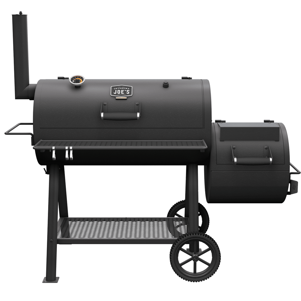 Black offset smoker grill with side firebox, large wheels, and sturdy metal shelf