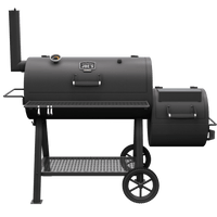 Black offset smoker grill with side firebox, large wheels, and sturdy metal shelf