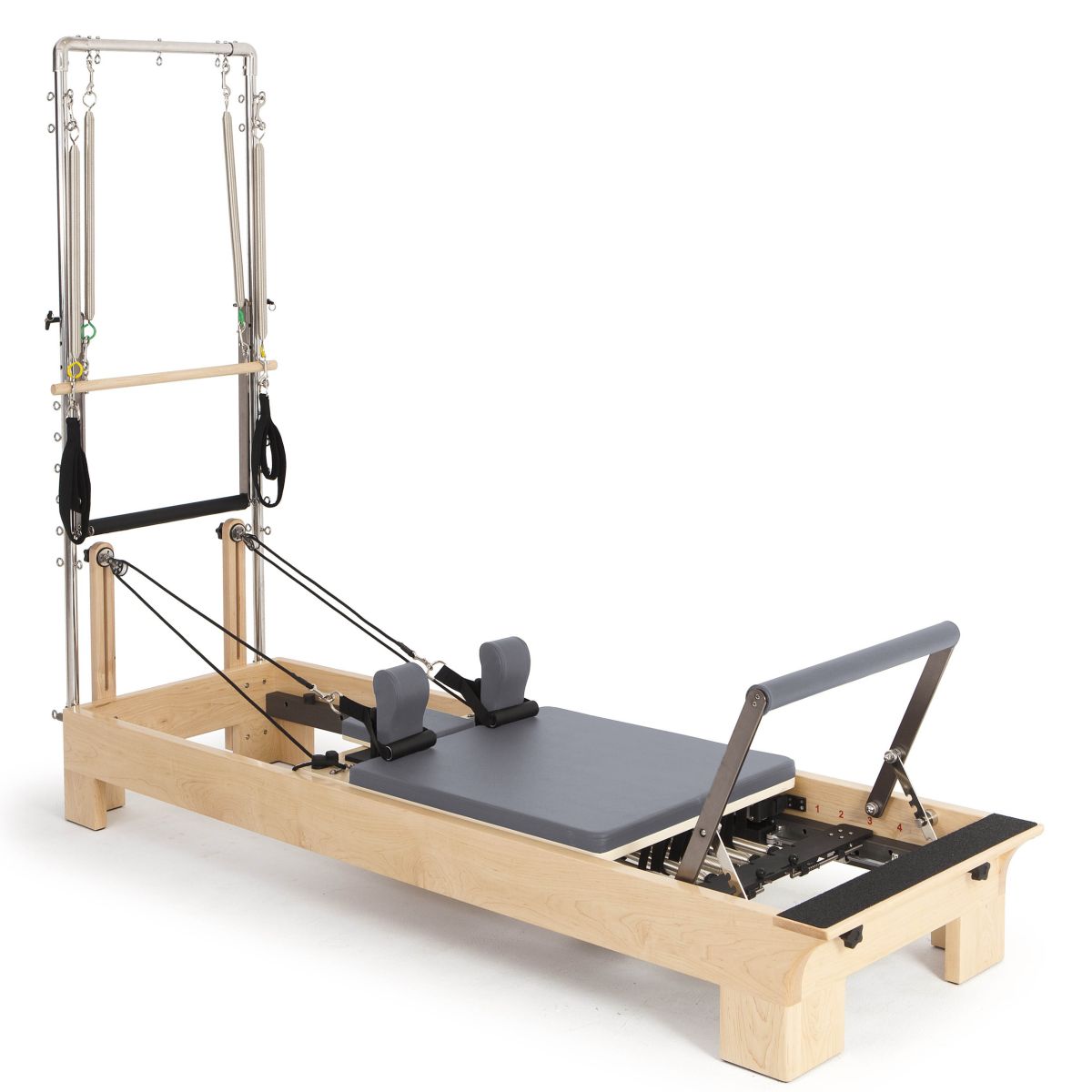 Elina Pilates Wooden Reformer with Tower - full view, rock maple and stainless steel