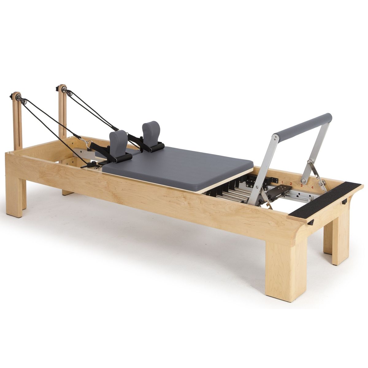 Elina Pilates Wooden Reformer Physio - full view in grey upholstery