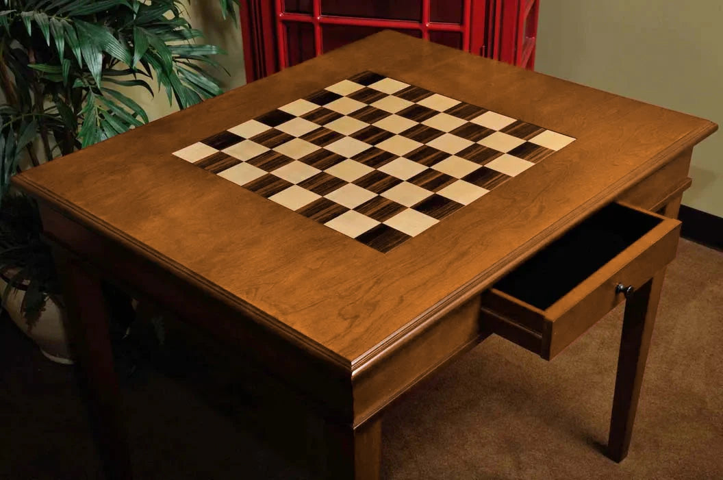 Camaratta Signature Master Chess Table - full view with Rosewood and Curly Maple inlaid board
