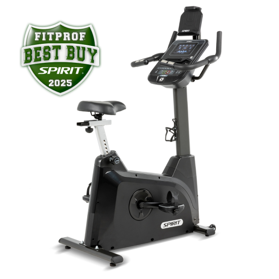 Spirit XBU55 Upright Bike - full view showing sleek steel frame, ClearView LCD console, and adjustable seat