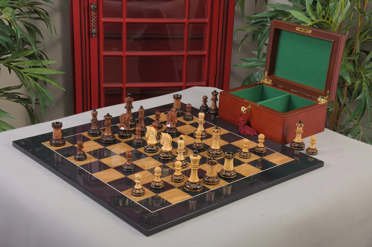 Burnt Golden Rosewood Dubrovnik Series Chess Set with Gloss Board and Premium Box - Full Combination View